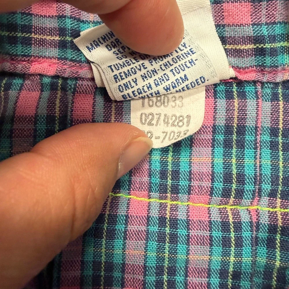 Vintage OshKosh Bgosh Girls Pink Teal Plaid Button Down Shirt Made in USA Size 5